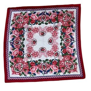 Vintage Berkshire Italy Floral Rose Scarf Red Border Polyester Square Scarf